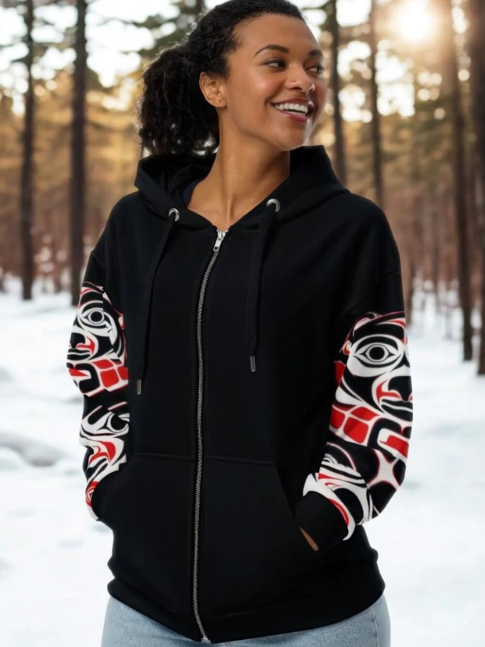 Zippered black Hoodie with Haida Tlingit design. Size 4XL